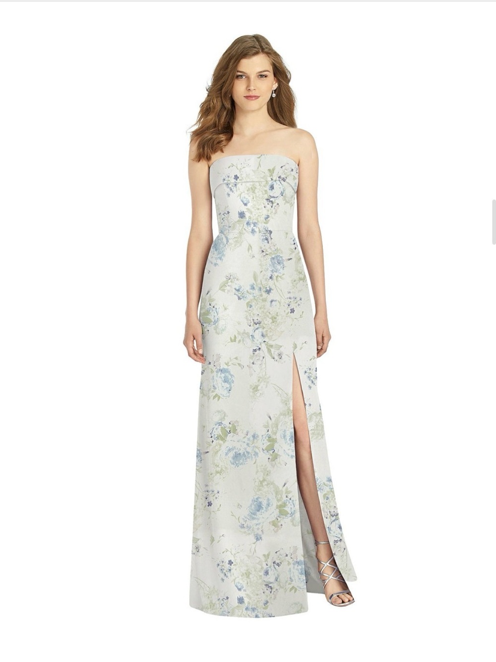 “Bleu Garden Lux Chiffon” Blue and Cream Floral Strapless Gown